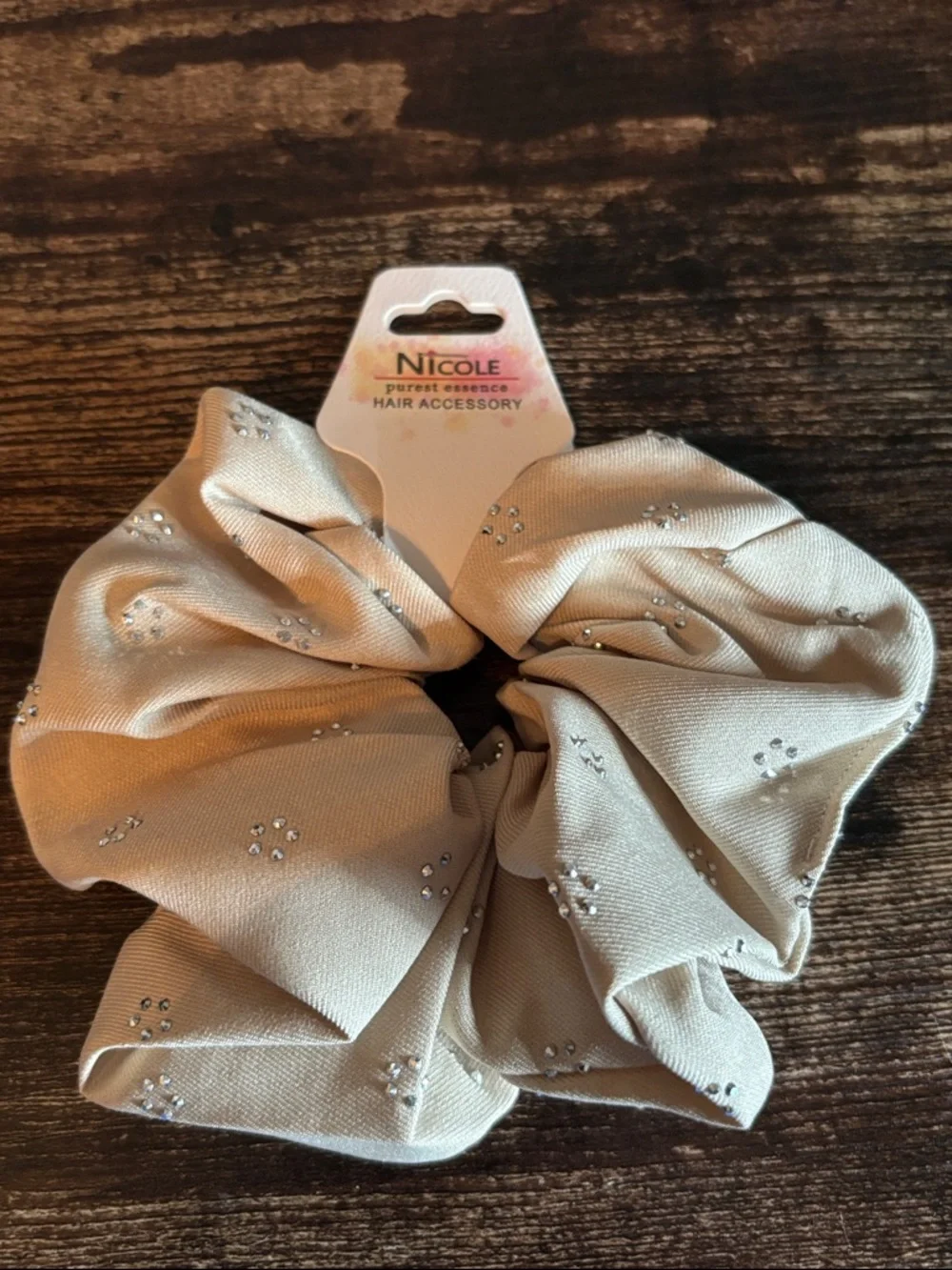 Large‎ Cream Satin Rhinestone Scrunchie